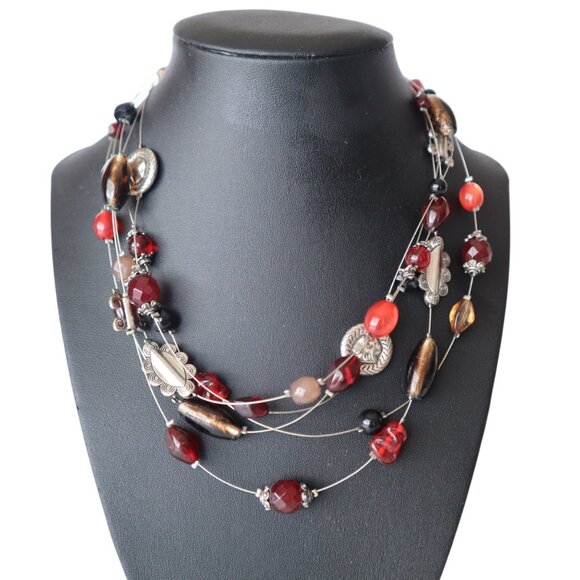 Multi-Strand Red & Brown Beaded Necklace With Silver-Tone Accents - Picture 1 of 5